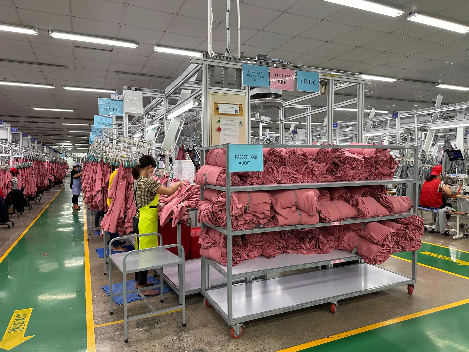 Workers at garment production stations in a factory
