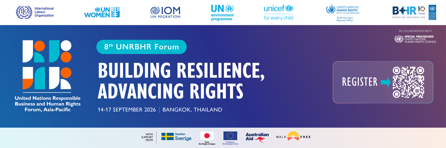 Official banner for the 8th United Nations Responsible Business and Human Rights Forum, Asia-Pacific, 14-17 September 2026, Bangkok, Thailand.